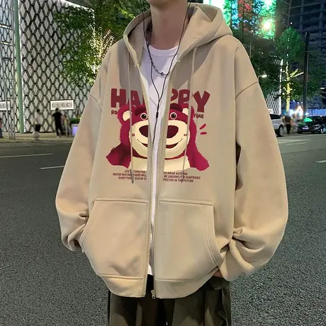 卡通草莓小熊卫衣外套男秋冬季2023新款宽松潮牌oversize拉链开衫商品大图