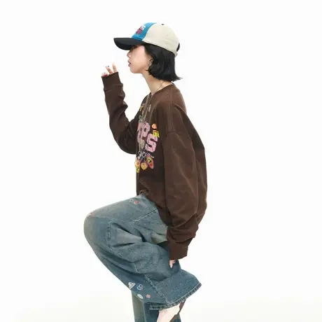 美式复古印花长袖T恤女2025春秋新款慵懒松弛感宽松罩衫套头上衣商品大图