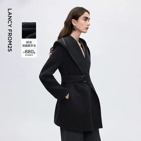 朗姿羊毛连帽翻领双面呢外套气质高级感呢子大衣女2025年冬季新款商品大图