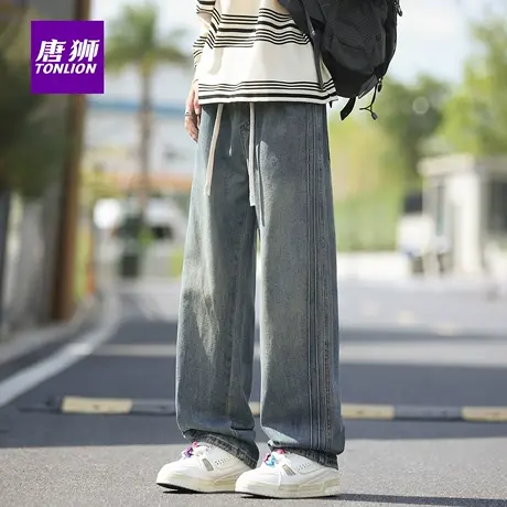 唐狮新款秋款休闲牛仔裤男条纹运动阔腿宽松三条杠直筒长裤AX图片