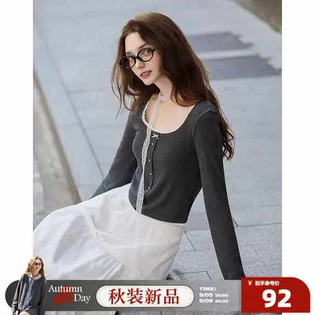 唐狮2025秋季U型领长袖T恤女拼接蕾丝花边设计感独特超好看早秋图片