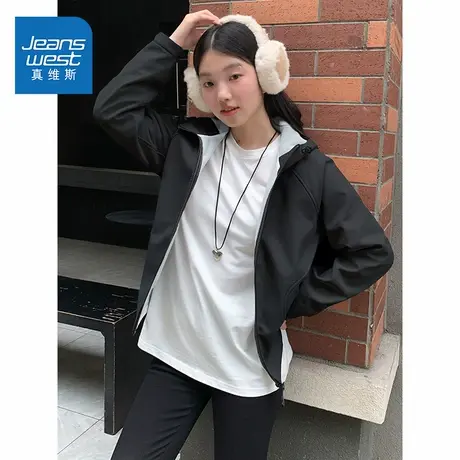 NOE真维斯黑色户外短外套夹克女2025新款秋冬青少年三防登山外套商品大图