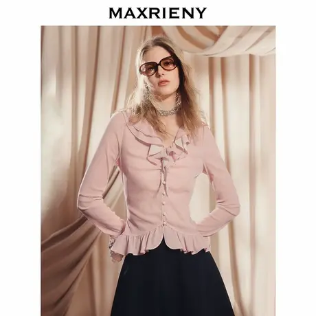 【商场同款】MAXRIENY法式复古穿搭25秋款荷叶边领收腰长袖上衣女商品大图