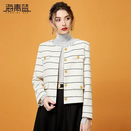 海青蓝含羊毛名媛范气质短外套女秋冬圆领条纹粗花呢开衫图片