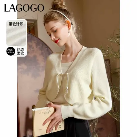 LAGOGO新中式设计感针织衫女拉谷谷春秋款白色假两件柔软国风毛衣商品大图