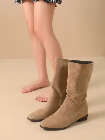 骑士靴女2023年秋冬新款中筒靴褶皱西部堆堆靴气质外穿显瘦牛仔靴图片