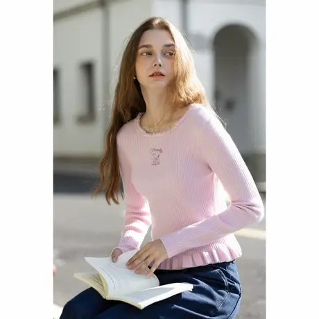 【史努比联名款】唐狮秋冬季打底衫女圆领木耳花边蝴蝶结修身TMTA图片