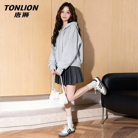唐狮官方灰色连帽外套女2026新款春秋款小个子宽松显瘦短款开衫VB图片