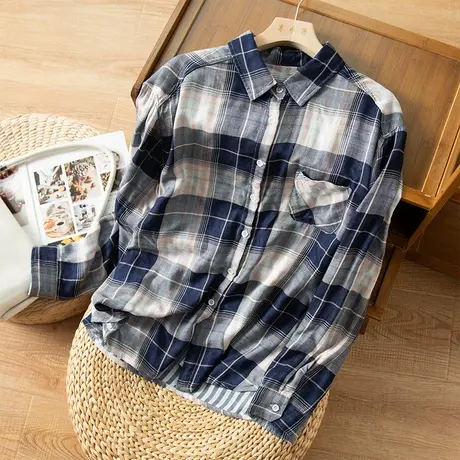 享永子格子全棉衬衫女文艺复古宽松显瘦上衣休闲百搭2023春季新款商品大图