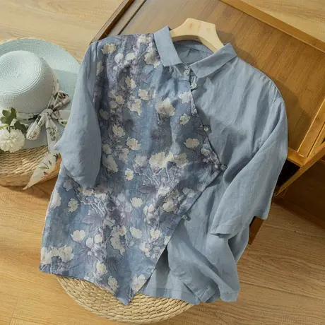 短袖碎花苎麻上衣拼接文艺复古棉麻衬衫小众设计高级感2022新款夏商品大图