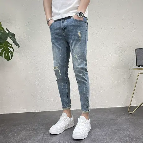 2023新款四季通用修身小脚破洞牛仔裤男潮流九分裤刮烂猫须铅笔裤商品大图