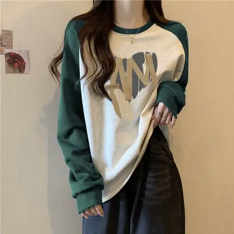 美式高街潮牌长袖T恤女秋冬加绒加厚宽松外穿打底衫插肩内搭上衣图片