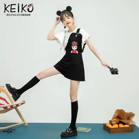 设计感单肩黑色背带裤女薄款2021夏季甜美风日系印花阔腿牛仔短裤商品大图