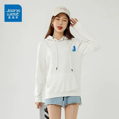 真维斯品牌卫衣女士2023春季新款潮流字母J印花宽松连帽长袖上衣商品大图