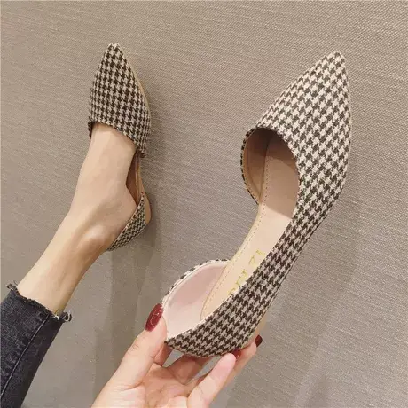 单鞋女平底2021新款春季百搭尖头瓢鞋浅口格子四季鞋春款平跟女鞋商品大图