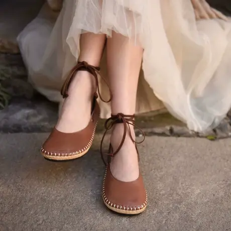 Artmu阿木原创复古红色DIY绑带浅口单鞋女平底真皮手工女鞋新款商品大图