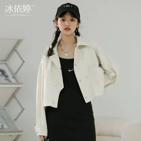 设计感短款牛仔外套女宽松春秋港味复古工装夹克ins潮双排扣上衣图片