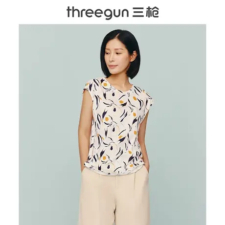 三枪纯棉短袖女2022夏季新品碎花女士内衣中老年妈妈汗衫大码宽松商品大图