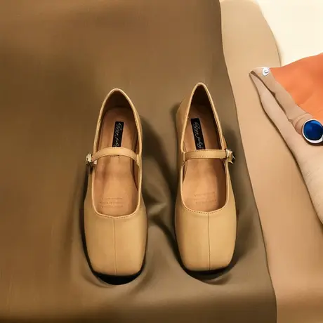 真皮单鞋女款2023秋季新款法式复古方头玛丽珍浅口平底羊皮奶奶鞋商品大图