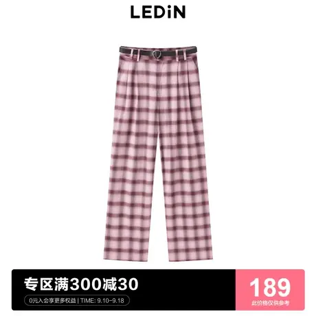 乐町高腰粉色格纹休闲裤女宽松裤子阔腿裤C1GBC1303商品大图
