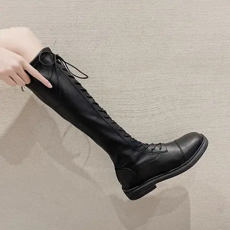 系带长筒靴女2023新款平厚底春秋高筒胖mm粗腿长靴子冬加绒马丁靴商品大图