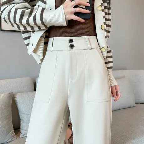 米白色毛呢裤女春秋2024新款高腰休闲直筒裤子西装哈伦奶奶烟管裤商品大图