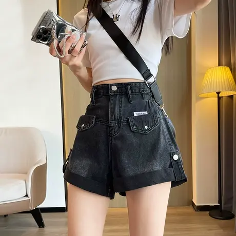 黑色a字牛仔工装短裤女夏季薄款小个子卷边设计感高腰阔腿热裤ins商品大图