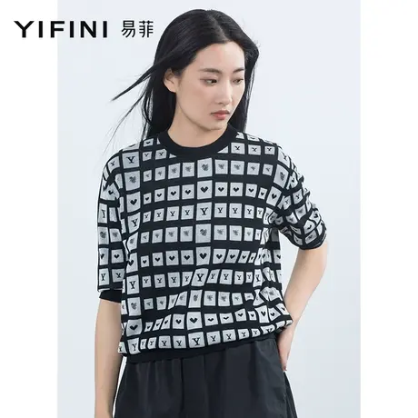 Yifini/易菲宽松休闲圆领短袖薄款毛衫女夏装新款印花针织衫商品大图