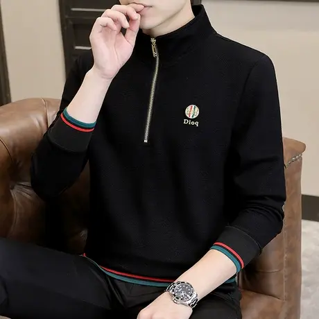 秋季男士卫衣立领潮流百搭简约青年爸爸装长袖t恤拉链高领打底衫商品大图