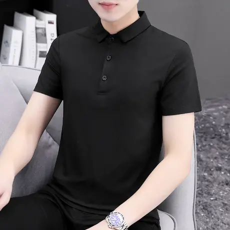 莫代尔短袖t恤男装高端纯色黑色有领翻领polo衫保罗冰丝冰感半袖W商品大图
