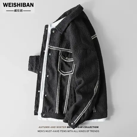 美式潮牌撞色明线小香风夹克男女春秋季重磅翻领外套毛绒工装上衣商品大图