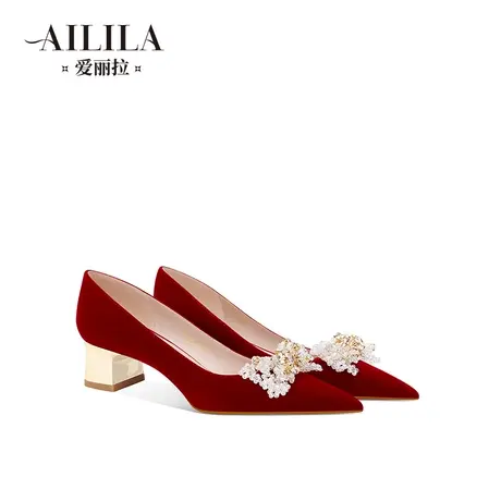 爱丽拉红色粗跟中式结婚鞋女2025春季新款秀禾服新娘高跟鞋不累脚图片