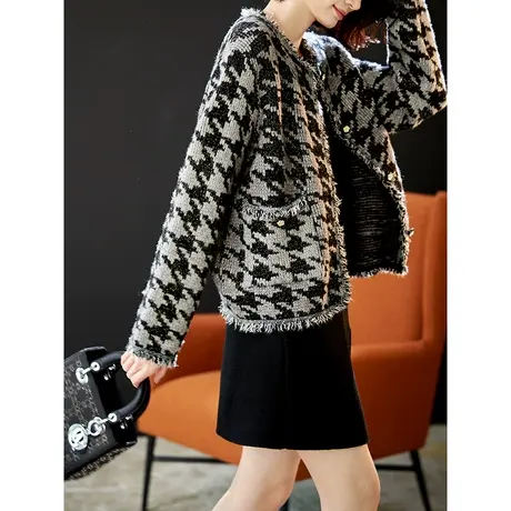 宝诗黎圆领亮丝小香风短外套女提花针织开衫2024春季新款时尚上衣商品大图