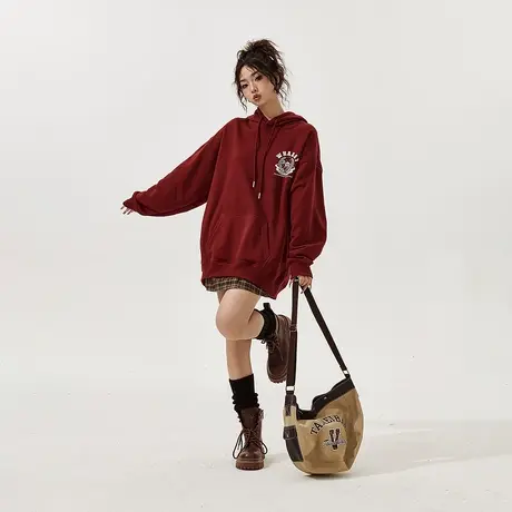 复古酒红色卫衣女oversize春秋连帽套头上衣美式慵懒风chic外套图片