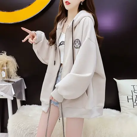 加绒加厚连帽卫衣开衫女2023新款秋冬宽松慵懒风百搭oversize外套图片