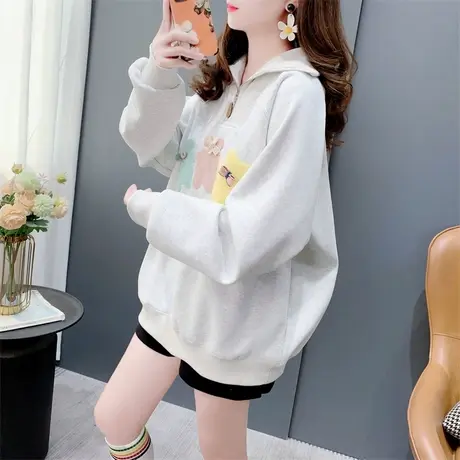 美式复古刺绣小熊加绒加厚高领卫衣女秋冬新款休闲长袖半拉链上衣商品大图