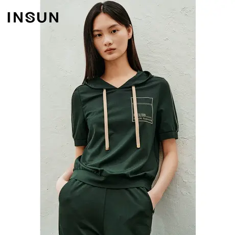 INSUN恩裳奥莱2023夏季口袋绣花印花连帽T恤品质闪纱冰丝短袖商品大图