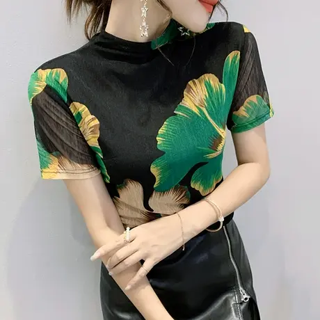 女装2023新款时尚网纱T恤女短袖复古印花上衣修身显瘦打底衫春秋商品大图