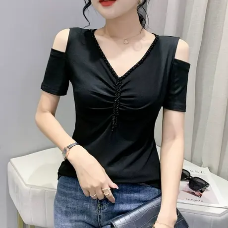 性感露肩拉链V领短袖T恤女2024夏季新款时尚钉珠上衣百搭纯色小衫商品大图
