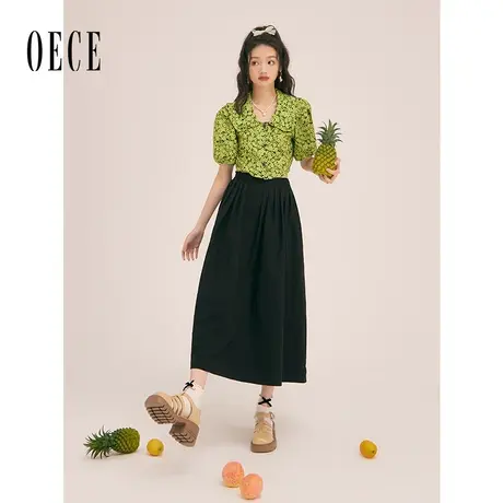 Oece复古黑色半身裙2024春夏新款女装高级感裙子中长款A字裙半裙图片