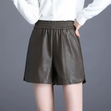 咖色皮短裤女秋冬2023新款松紧高腰宽松阔腿皮裤百搭时尚休闲靴裤商品大图