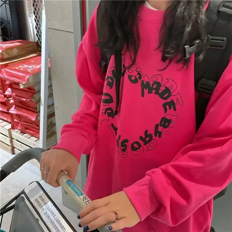 红续玫红色显白小个子宽松oversize圆领卫衣女设计感小众爱心印花图片