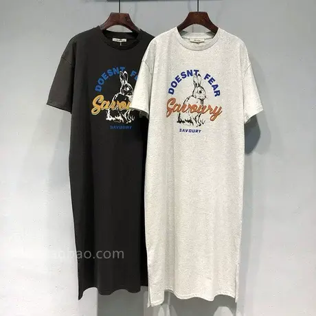 2023夏装 韩国菲町新款字母兔子图案双侧开叉宽松短袖T恤裙连衣裙商品大图