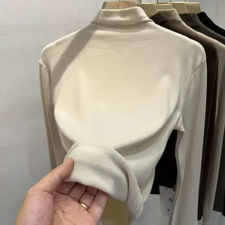 设计感半高领褶皱加薄绒长袖T恤女2023秋冬新款内搭打底衫上衣潮商品大图