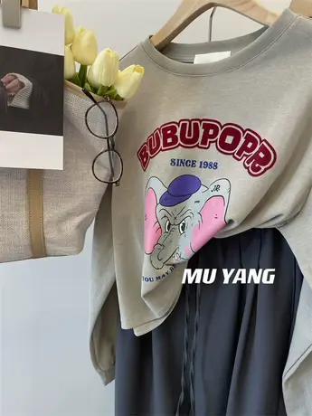 韩系ins 元气满满 ~ 小象印花休闲宽松短款套头卫衣女春秋薄款潮商品大图