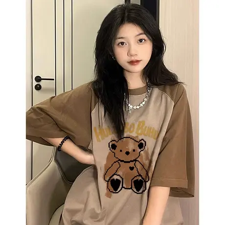 撞色插肩袖短袖T恤女oversize大码纯棉夏季ins潮小个子闺蜜装上衣商品大图