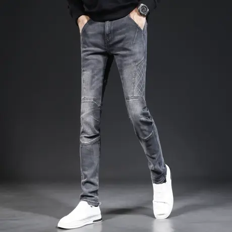 高端牛仔裤2023新款男秋季修身小脚灰色弹力拼接时尚百搭男士裤子商品大图