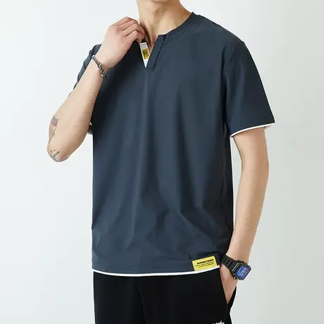 夏季薄款假两件男士短袖T恤衫男款男装夏装情侣装2024新款上衣服商品大图