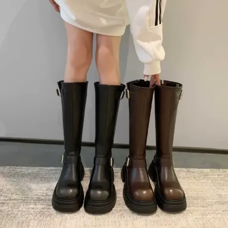 英伦风长筒靴女2023春秋季新款复古法式洋气瘦瘦靴粗跟厚底骑士靴图片