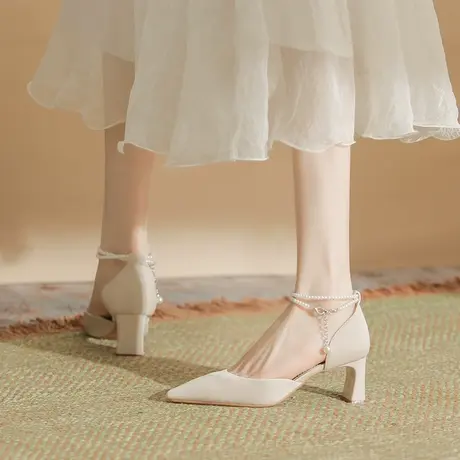 珍珠一字带高跟鞋女粗跟2024年新款秋季尖头单鞋中跟不累脚图片